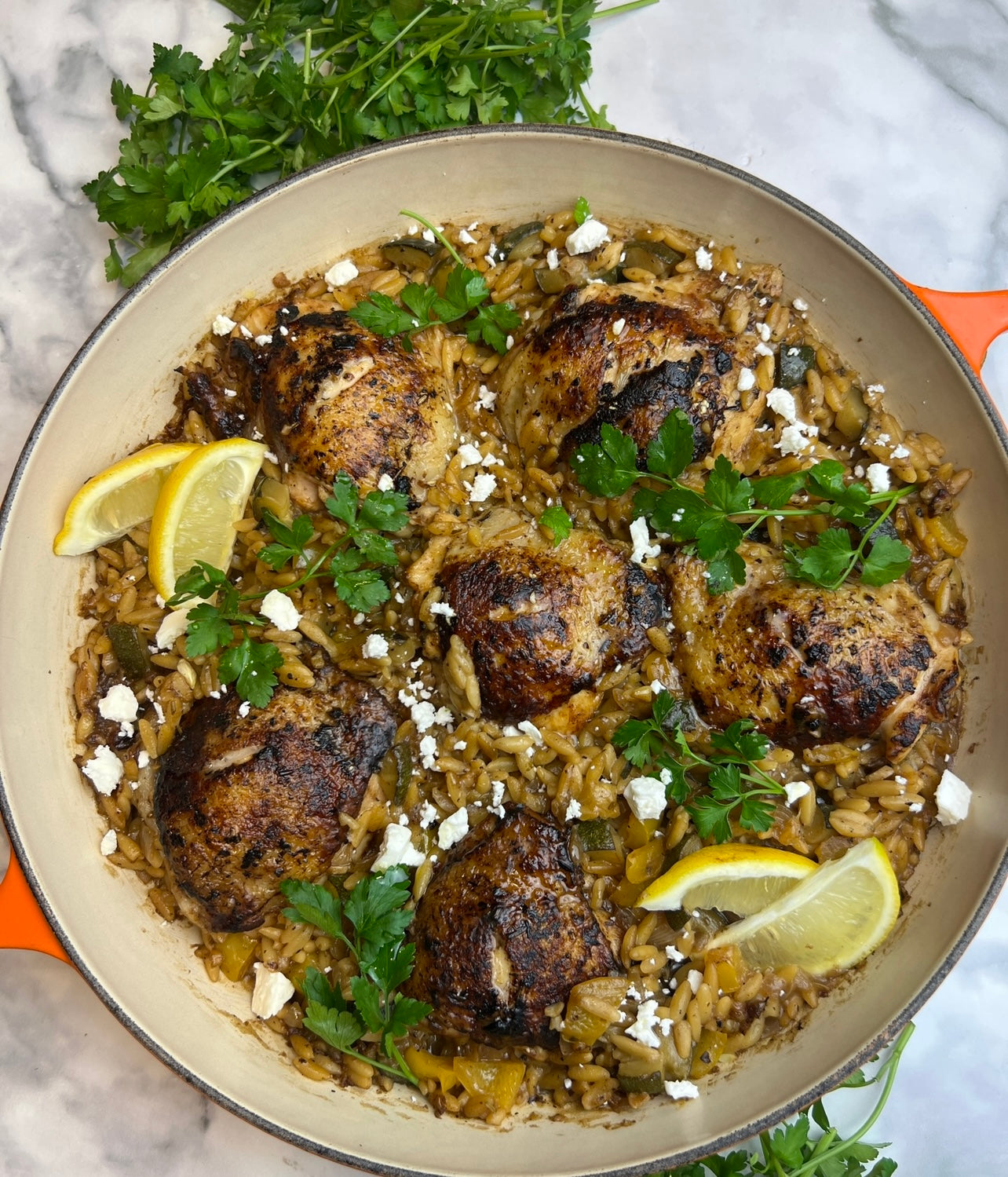 Greek Lemon Chicken and Orzo One Pot Recipe by Food Blogger Archer Kitchen