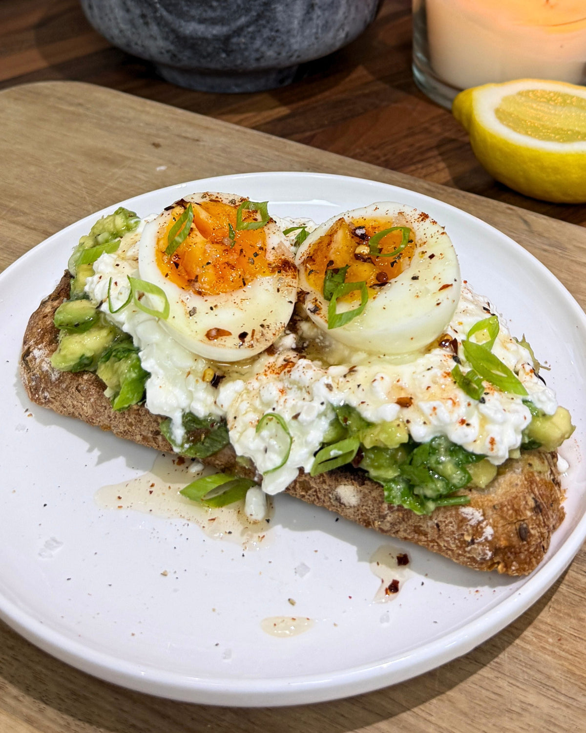 Hot Honey Cottage Cheese, Avocado & Jammy Egg Toast