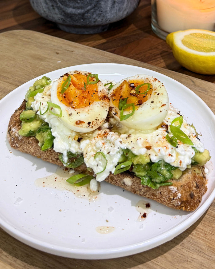 Hot Honey Cottage Cheese, Avocado & Jammy Egg Toast