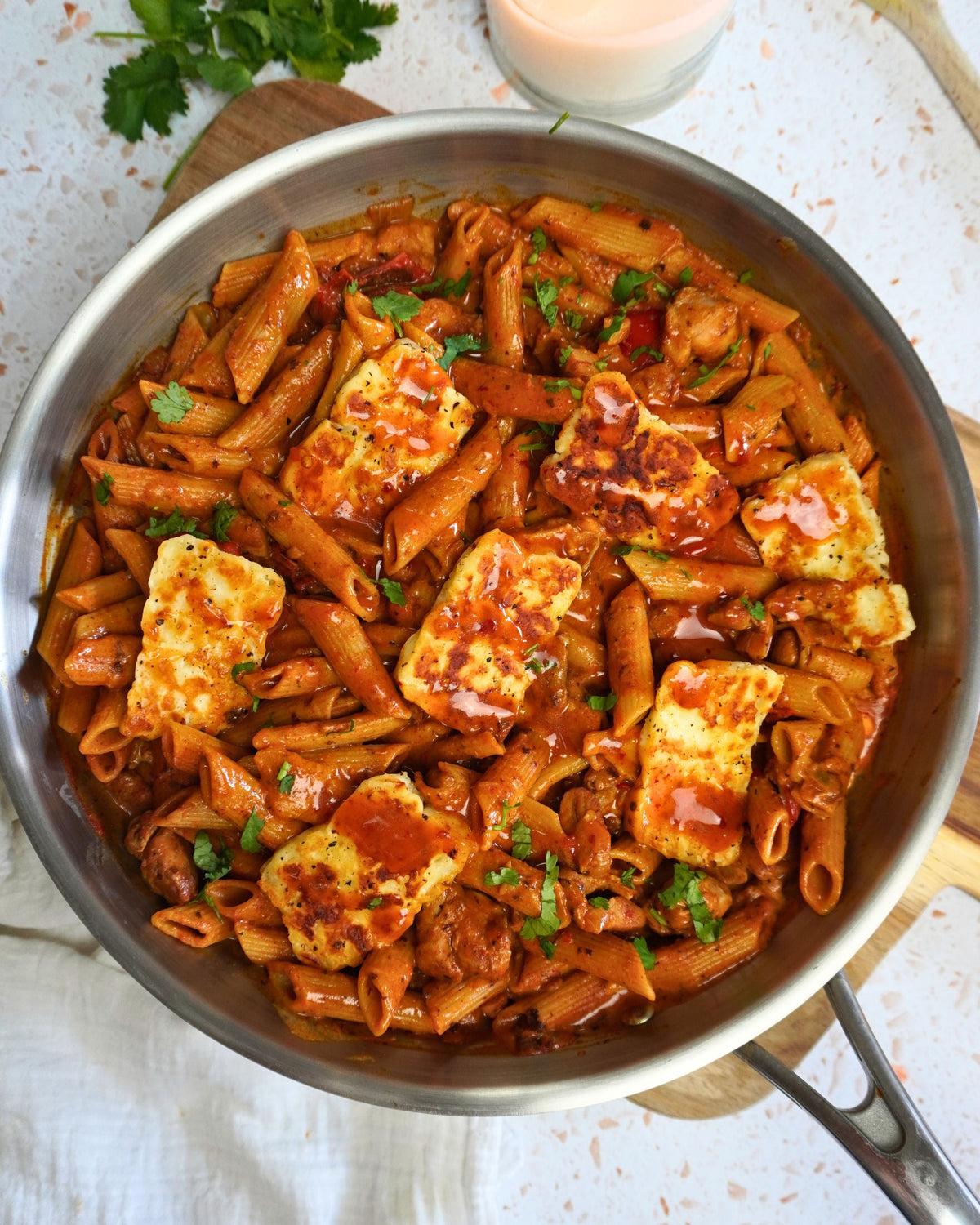  One Pan Nando's Chicken Pasta with Crispy Halloumi