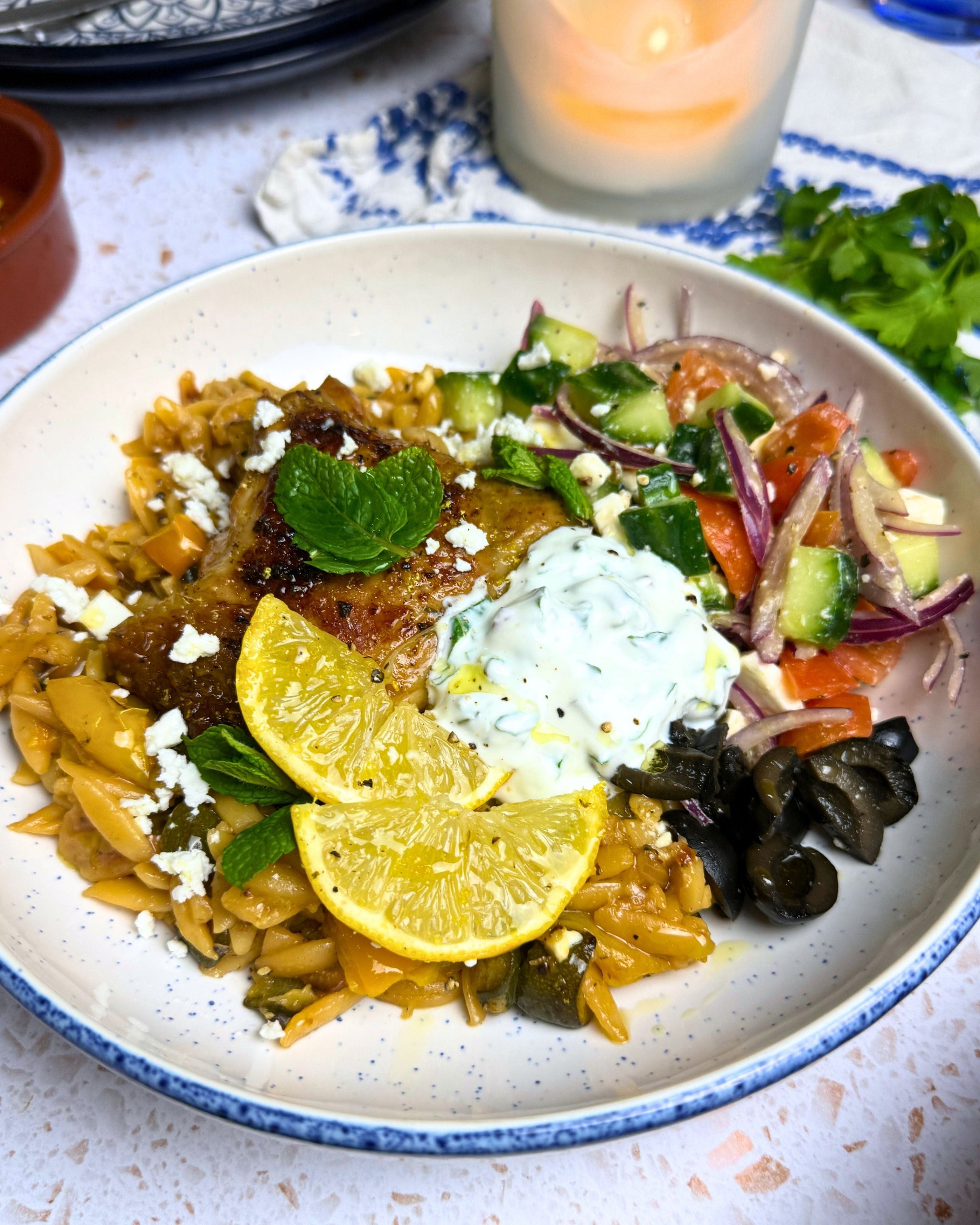 Greek Lemon Chicken Orzo & Tzatziki Bowl