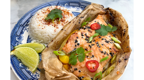 Delicious Archer Kitchen Asian Teriyaki Salmon Parcels with coconut rice