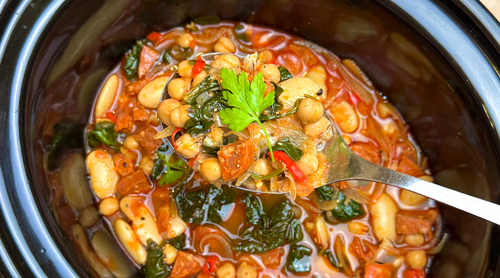 Slow Cooker Chorizo, Butterbean and Chickpea Soup 