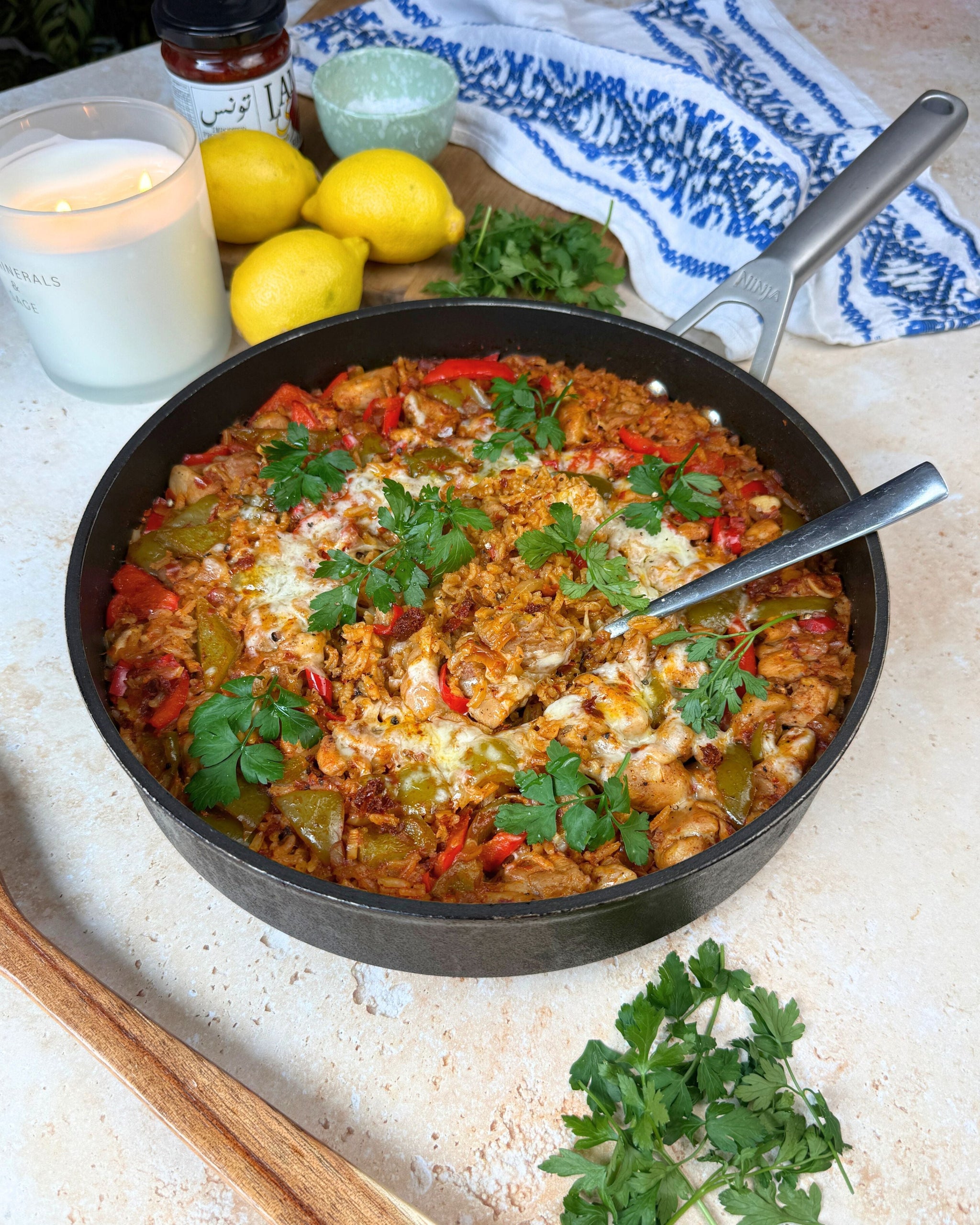 One Pan Cheesy Harissa Chicken & Rice